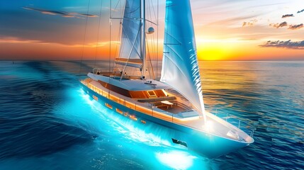 Canvas Print - Luxury Yacht Sailing at Sunset.