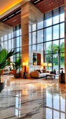 Wall Mural - Modern Lobby Interior with Large Windows and Marble Floors.