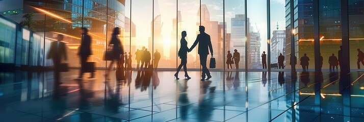 Aufkleber - Two business people are engaged in a handshake in front of a sleek office building as the sun sets, creating a warm atmosphere in the urban landscape. Generative AI