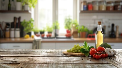 Wall Mural - Product displayed on wooden table in kitchen with blurred background