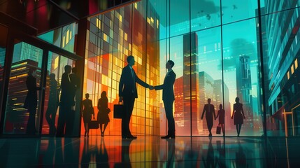 Aufkleber - Two business people shake hands in a contemporary office space as the sun sets, casting colorful reflections across the glass walls. Generative AI