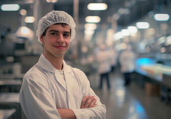 Sticker - A handsome man in a white coat and hair net stands with his arms crossed looking at the camera smiling