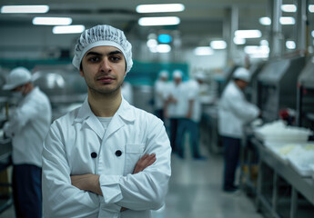 Sticker - A handsome man in a white coat and hair net stands with his arms crossed looking at the camera smiling