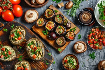 Wall Mural - Appetizers Set with Baked Eggplants, Champignon Caps, Aubergine Rolls and Traditional Georgian Pkhali