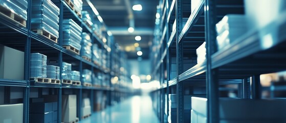 rows of shelves in a large warehouse filled with various stored goods, showcasing storage and distri