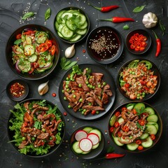 Poster - Spicy Salads Set, Salat Collection with Beef Meat and Vegetables Salats Top View, Restaurant Buffet Menu