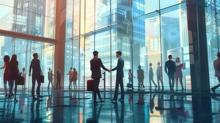 Aufkleber - Business people engage in a handshake at a contemporary office location, symbolizing a successful partnership amidst a busy city backdrop. Generative AI