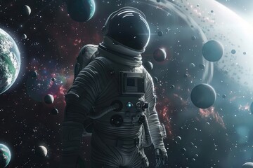 Wall Mural - Astronaut standing near planets, space travel concept