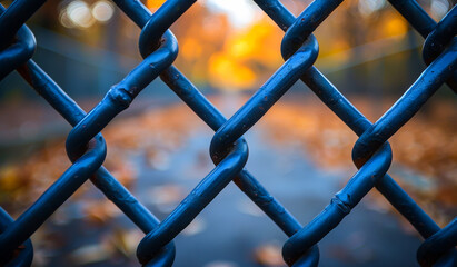 A chain link fence with a few leaves on it