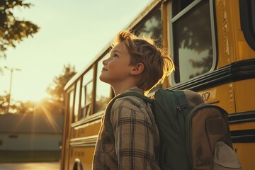 Smiling student kid Boarding School Bus On A Sunny Day