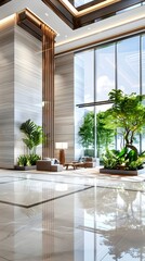 Wall Mural - Modern Lobby Interior with Large Windows and Green Plants.