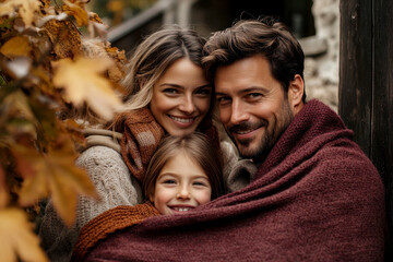 Happy beautiful autumn family cover with a maroon blanket.