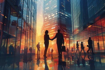 Aufkleber - Two business people engage in a handshake outside a contemporary office building, with a colorful sunset creating a vibrant backdrop. Generative AI