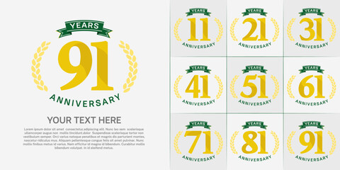 Wall Mural - anniversary logotype set vector, yellow color and green ribbon for special day celebration