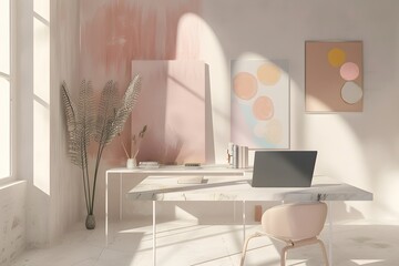 Illustration of A tranquil minimalist workspace with a plain, light-colored table, a modern laptop, and a calming background of soft, pastel walls and a few tasteful, abstract art pieces. Ai Generate.