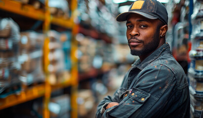 Wall Mural - A man wearing a blue jacket and a hat stands in front of a row of shelves. He is looking at the camera with a serious expression