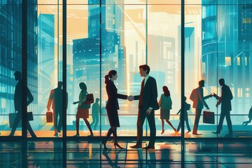 Poster - Two business professionals shake hands in front of a modern office building, symbolizing a new partnership amidst a vibrant city backdrop. Generative AI
