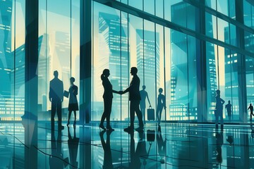 Aufkleber - Two business people shaking hands in a contemporary office lobby, symbolizing collaboration and partnership amidst a city skyline. Generative AI