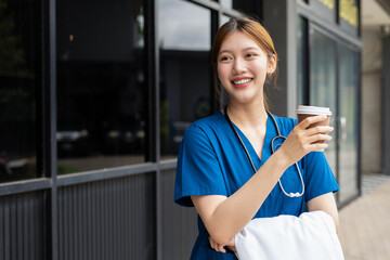 Wall Mural - Medical Technology Concepts. Medical students use mobile phones during the day and enjoying coffee, Medical students worker lifestyle