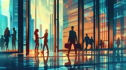 Aufkleber - Two business people shake hands in front of a modern office building, surrounded by the warm glow of sunset and city activity. Generative AI