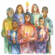 © kiyut - Watercolor painting of a diverse group of people holding candles in a candlelight vigil for peace, on isolated white background