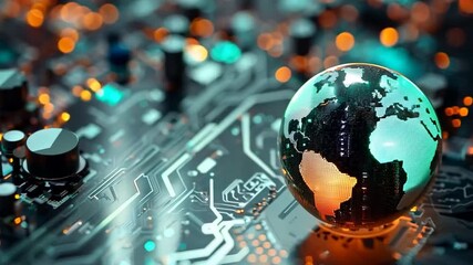 Aufkleber - the circuitry of an artificial intelligence processor with a rotating digital globe in the center.