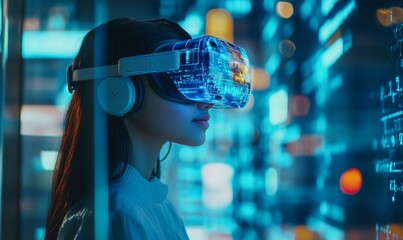 Futuristic Business Innovation: Woman with VR Headset Exploring AI Technology in Modern Office. Interactive Holographic Display Showcasing Machine Learning Applications for Education and Corporate Tra