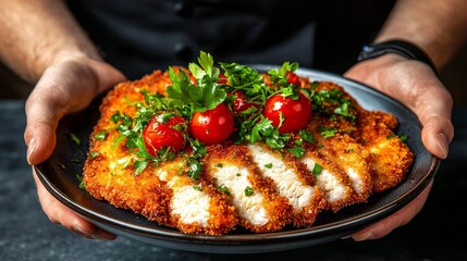 Crispy breaded chicken cutlet served with fresh herbs and cherry tomatoes on a dark plate, perfect for food photography.