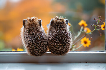 Wall Mural - Two hedgehogs are sitting on a window sill, looking out at the world