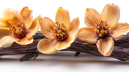 Wall Mural - Three orange flowers are on a wooden branch