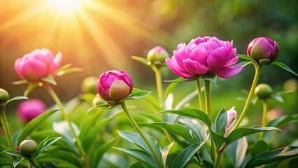 Wall Mural - Peony buds blooming in a garden in the rays of spring sun , peonies, flowers, garden, blooming, buds, spring, sunlight, nature