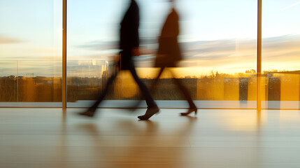 Wall Mural - Blurred Motion of People Walking Away from Window During Sunset - Perfect for Modern Business or Architecture Designs