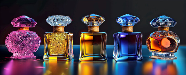 Five multi-colored faceted glass bottles with perfume on a dark background