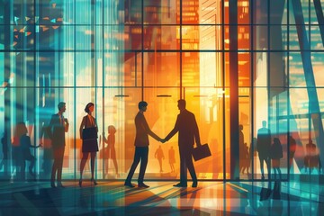 Two business people are shaking hands in front of a contemporary office building as the sun sets, creating a warm and professional atmosphere. Generative AI