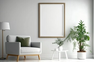 Wall Mural - Modern living room with white armchair, floor lamp and blank frame.