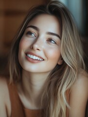 Wall Mural - Portrait of a happy woman with long blonde hair and a bright smile, ideal for use on social media or personal websites