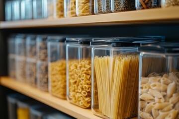 Sustainable kitchen  zero waste storage with reusable glass containers for pasta and cereals