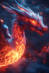 Aufkleber - Surreal portrayal of a geometric luminescent dragon flying through a digital sky,