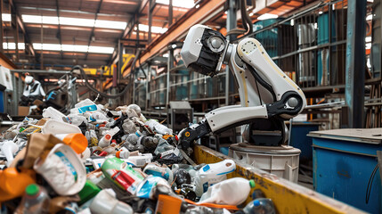 A robot diligently sorting and recycling waste materials