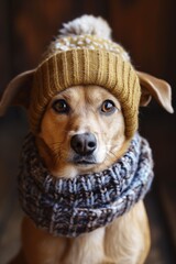 Wall Mural - A dog wearing a hat and scarf is looking at the camera. The hat is brown and has a white pom pom on top