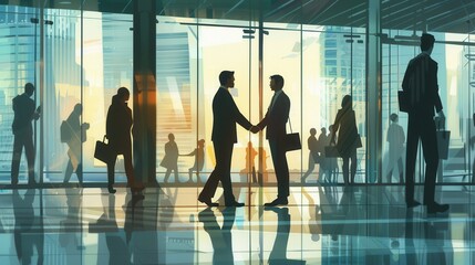 Poster - Two business people are engaged in a handshake, symbolizing partnership outside a contemporary office building. Generative AI