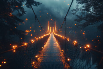 Wall Mural - An abstract portrayal of a suspended bridge over a calm river, with glowing lights enhancing the serenity,