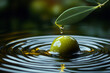 © OBSIMAGES AI  - An olive gently dropping into a pool of olive oil, creating minimalist ripples,