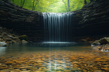 Poster - An artistic portrayal of a suspended waterfall, where the water flows upwards, creating a serene, surreal scene,