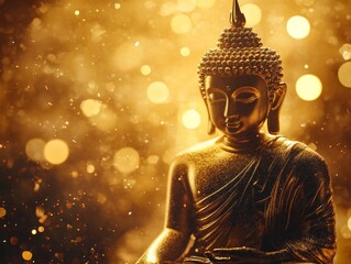 golden buddha statue on glowing background with stardust blur enhanced by generative ai