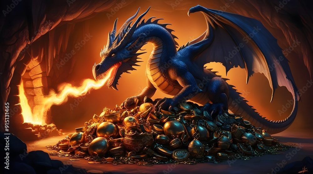 Dragon’s Lair A majestic dragon perched atop a hoard of treasure in a ...