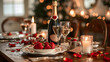 © CanvasPixelDreams - A picturesque Valentine's Day table setting adorned with heart-shaped place cards, elegant dinnerware, and candles, with romantic touches like rose petals and a bottle of champagne.