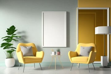 Wall Mural - Two yellow armchairs in a living room with a blank canvas.