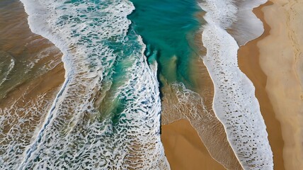 Wall Mural - Sea shore view from top, waves of water coming to coastline in different directions on a sunny summer day