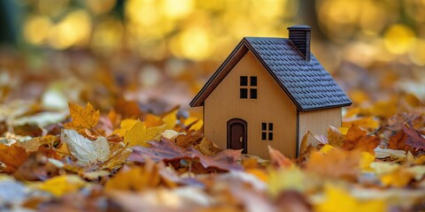 A small house is sitting on a pile of leaves. The house is brown and has a chimney. The leaves are orange and yellow, creating a warm and cozy atmosphere